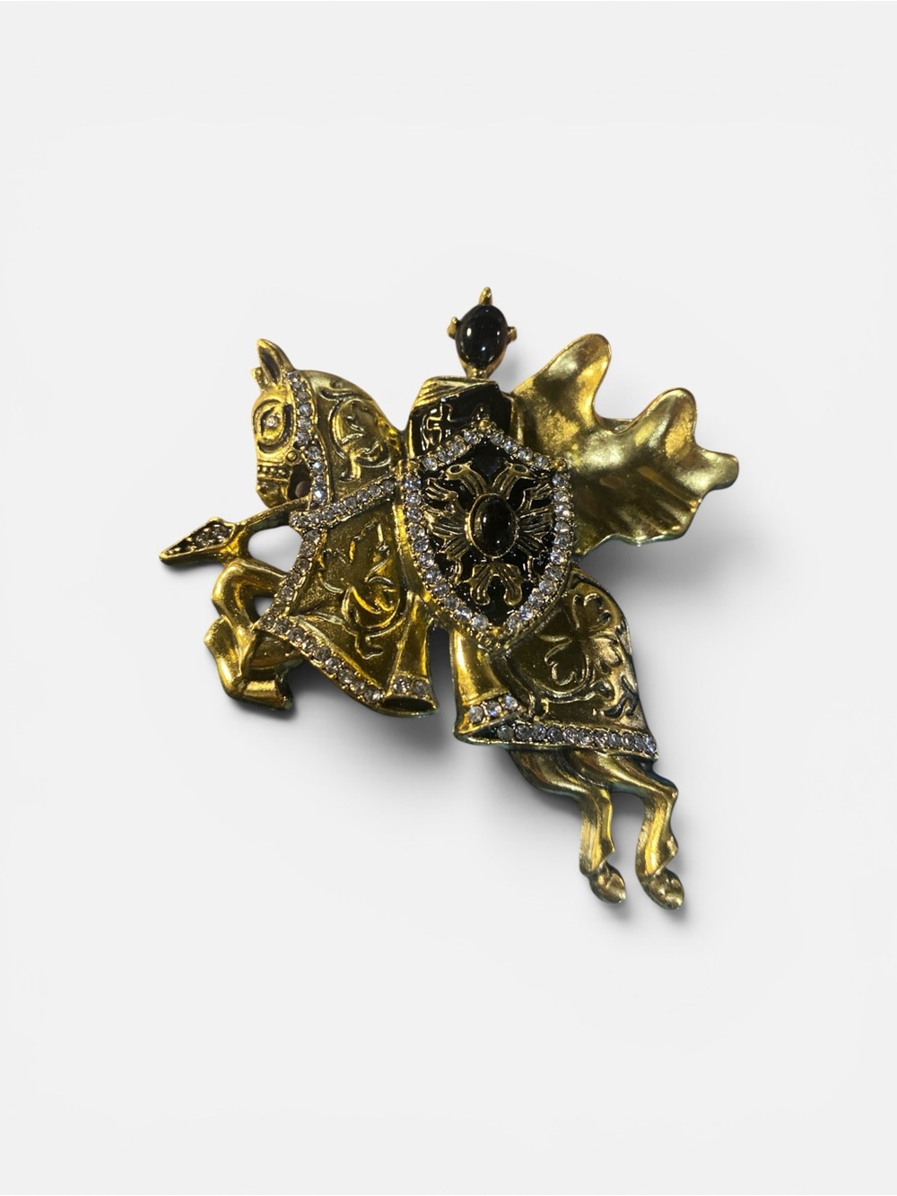 Gold Tone Knight on Horse Brooch with Black Stones